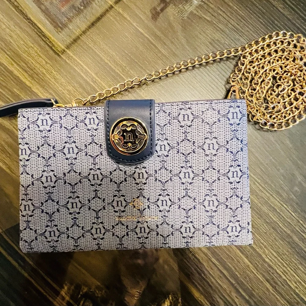 Nanette Lepore Navy Patterned Crossbody Bag with Gold Chain - Picture 1 of 8